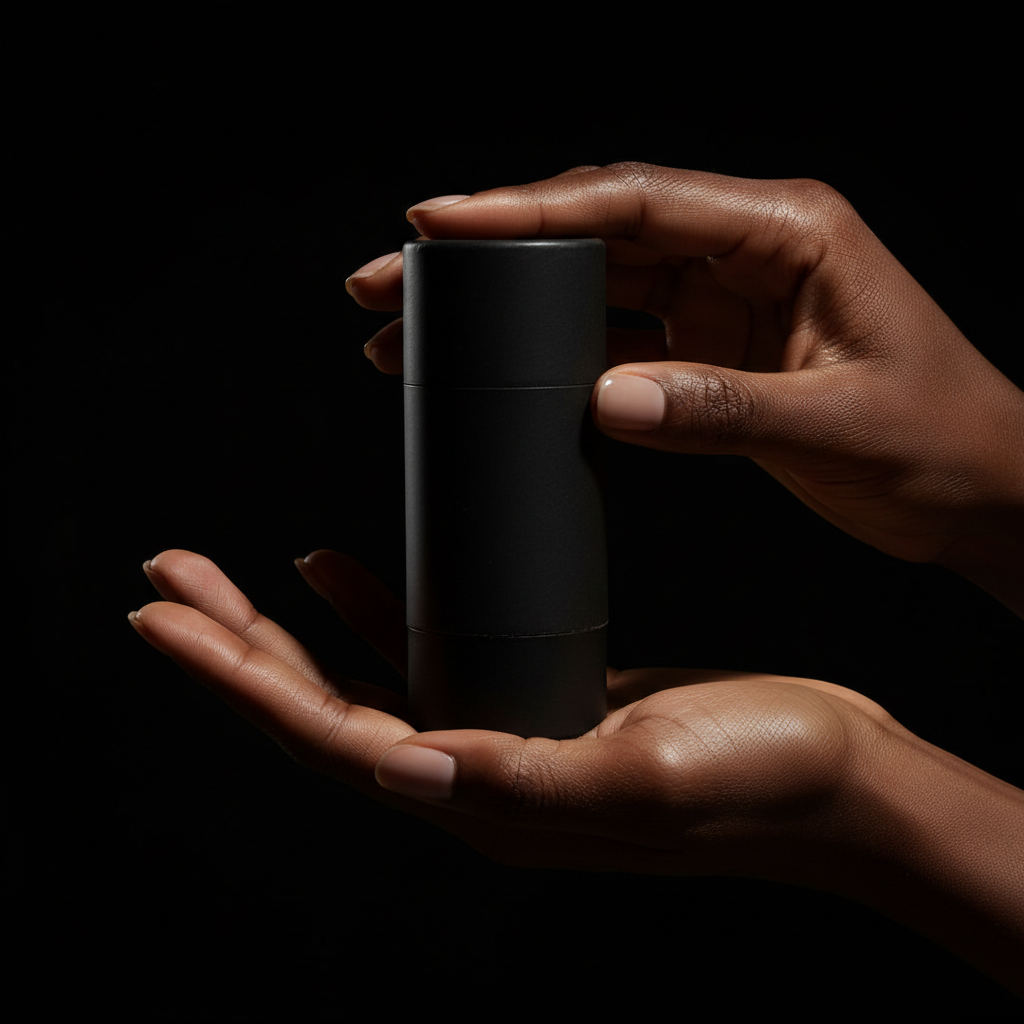 Hand holding a black cylindrical object against a black background